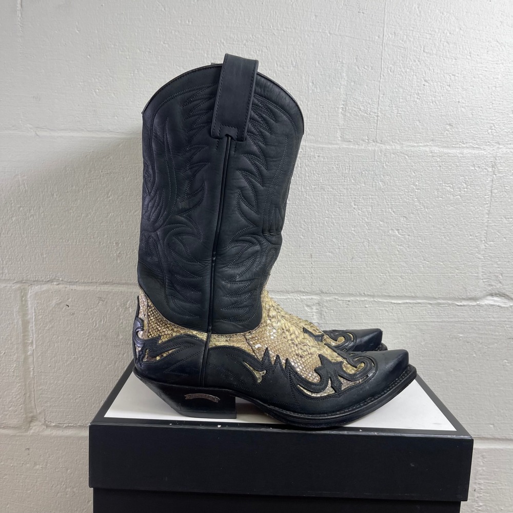 Sendra Boots 3241 Python Black Leather Western Cowboy Boots Pull On Men's 8 US